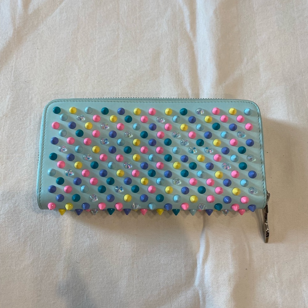 Christian Louboutin Panettone Wallet RARE Light Blue with Multicolored Spikes